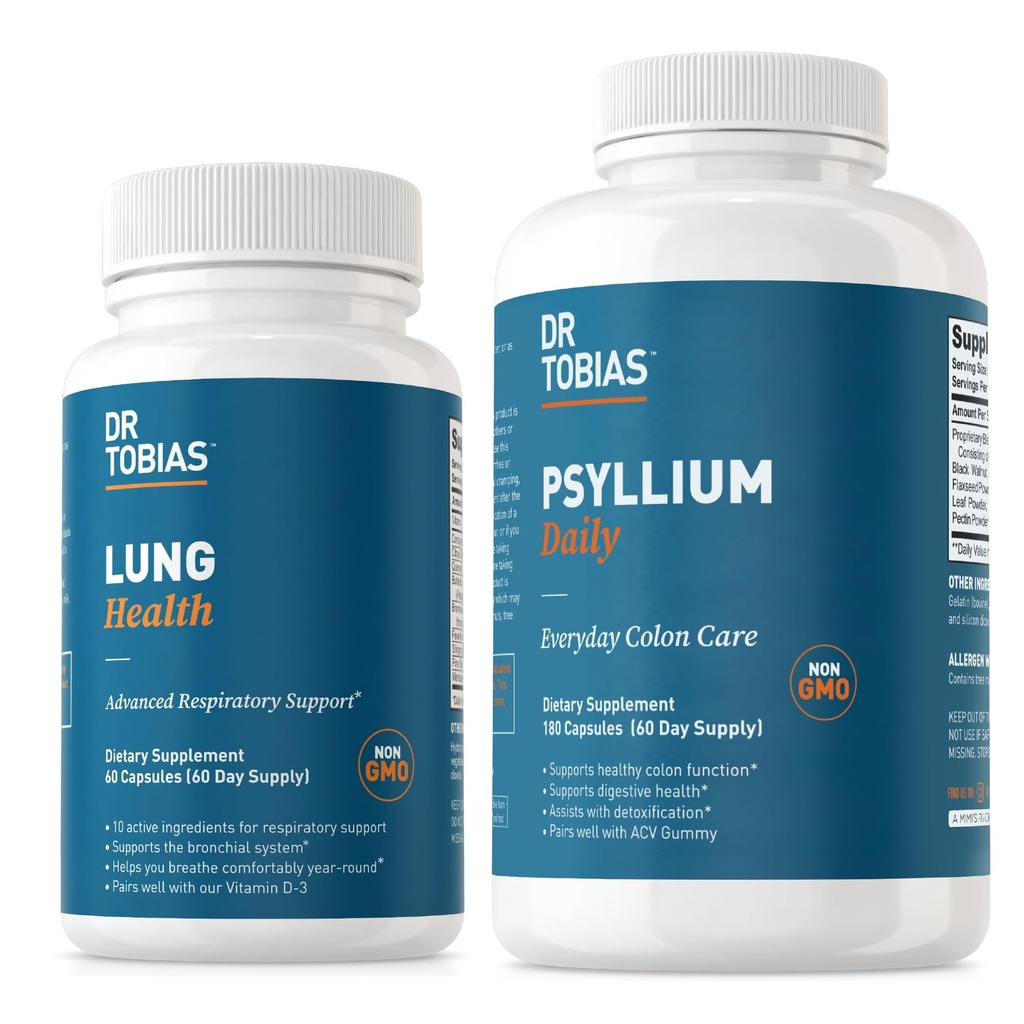 Dr Tobias Lung Health & Psyllium Daily Supplements, Plaušu tīrīt & Detox Formula, Atbalsta Veselīgas Bouvel Kustības ar Psyllium Husk, C vitamīns, Butterbur, Quercetin, Daily Fiber un Lung Papildinājums