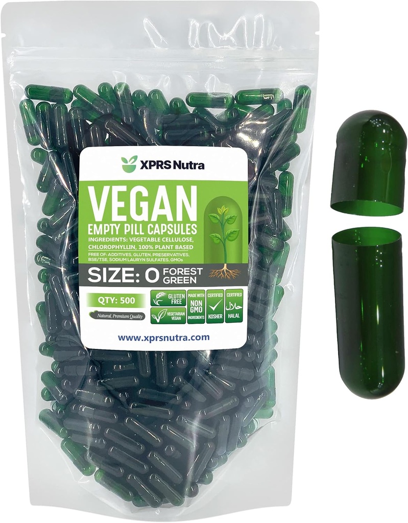 XPRS Nutra Izmērs 0 Tukšas kapsulas - 500 Skaits Tukšas Vegan Kapsulas - Veģetārietis Tabletes - DIY Dārzeņu Kapsulas Pildījums - Veggie Pill Caps for Do-It-Yourself supplements (Meža zaļā)