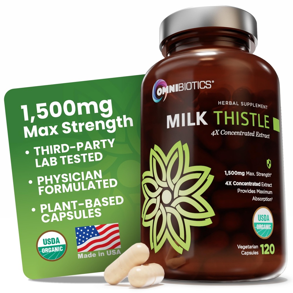 OmniBiotics Organiskais piens Dateles papildinājums 1500mg – 4X Koncentrēts ekstrakts ar silimarīnu – augstas aktivitātes aknu detokss & atbalsts – 120 Vegan kapsulas
