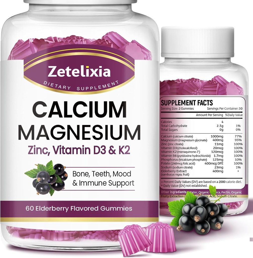 Kalcija Gumijas ar D3, Kalcija Magnija Papildinājums ar Glycinate,Potassium, Vitamin D3 & K2, & Whole Dabas Pārtikas Kaulu un Imūnās Atbalsta- 120 Košļājamās gumija plūškoka Flavor