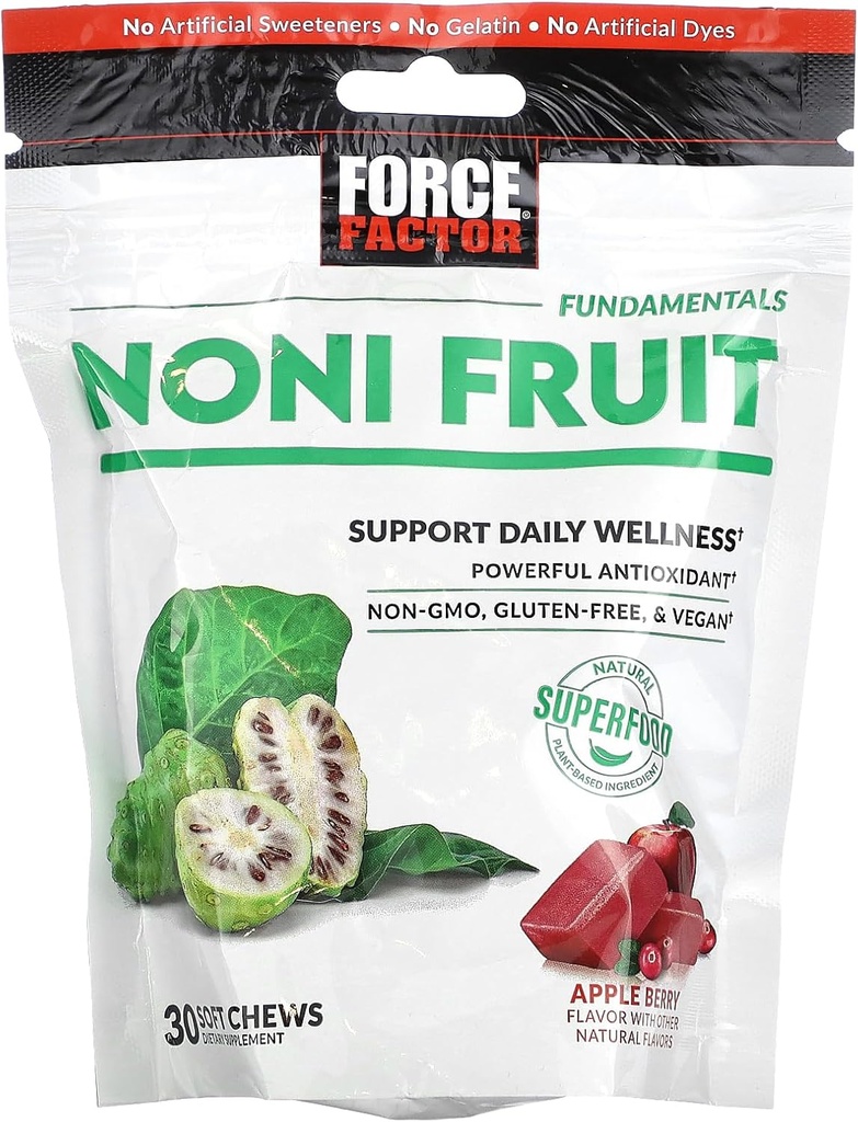 FORCE FACTOR Noni augļu košļājamās rotaļlietas Imunity un ādas veselības atbalsts, Noni sulas papildinājums, augu bāzes antioksidants Superfood košļājamās rotaļlietas, lipekļa-free, & Vegan, Apple Berry Flavor, 30 Soft Chews