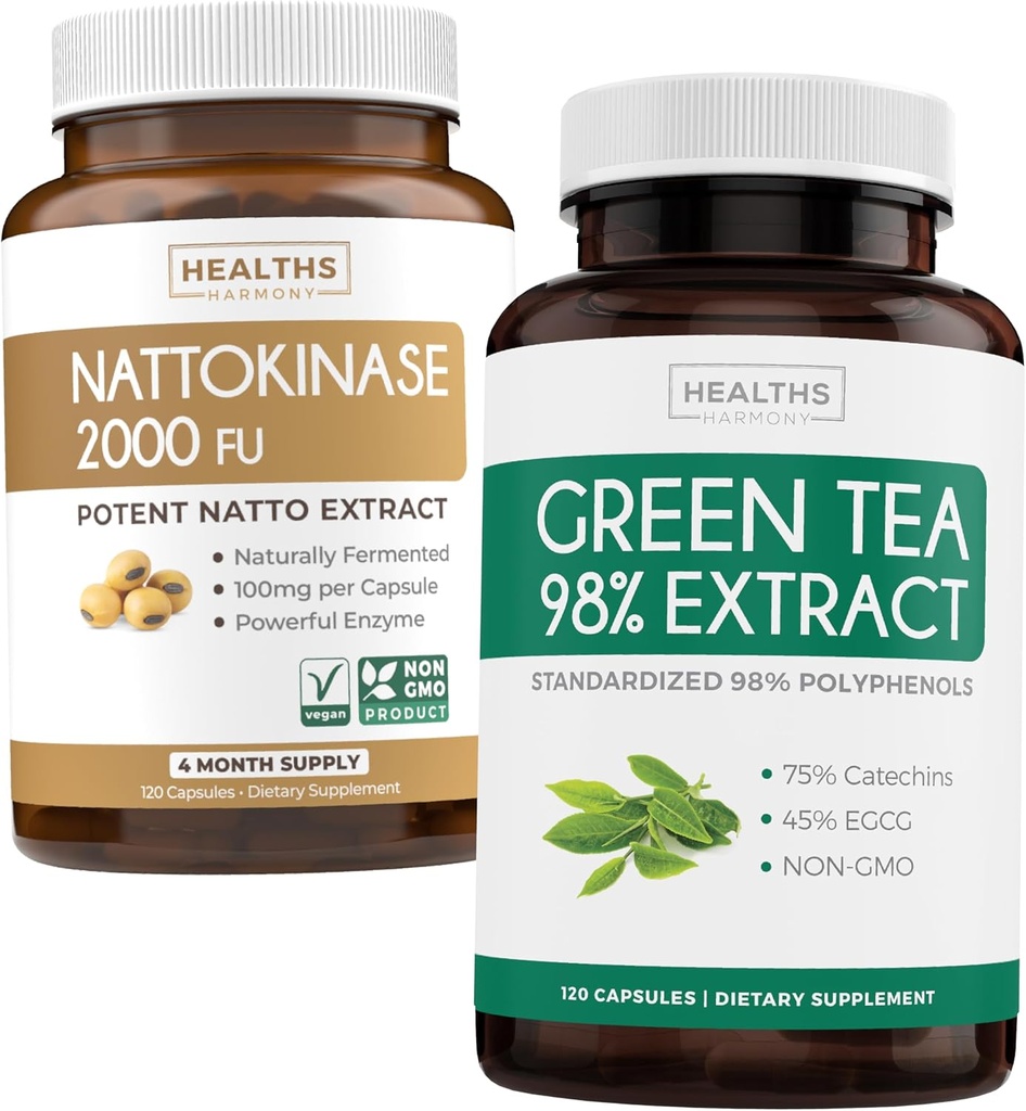 Nattokinase & Zaļā tēja (2-Mēness piegādes) Zaļā Vitality Boost - Nattokinase 2000 FU Spēcīgs dabiski fermentēts Sojas pupiņu -120 Caps & Zaļās tējas ekstrakts 98% ar EGCG (Non-GMO) Natural Metabolism Boost