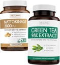 Nattokinase & Zaļā tēja (2-Mēness piegādes) Zaļā Vitality Boost - Nattokinase 2000 FU Spēcīgs dabiski fermentēts Sojas pupiņu -120 Caps & Zaļās tējas ekstrakts 98% ar EGCG (Non-GMO) Natural Metabolism Boost