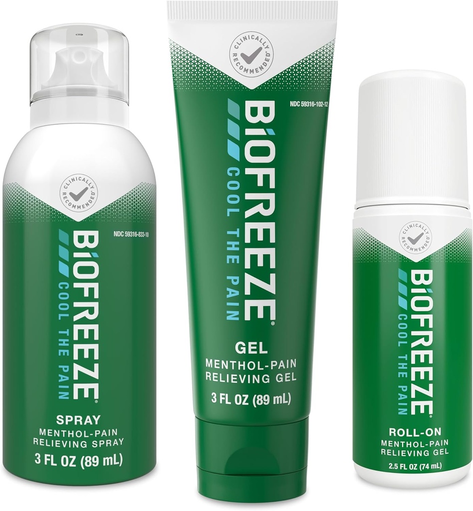 Biofrīze sāpju atvieglošanas roll-On 2.5 FL OZ, Gel 3 FL OZ, un Spray 3 FL OZ Variate Pack Aktuālās sāpes Reliver muskuļu un locītavu no artrīta, muguras sāpes, celmi, Bruises, spraigumi (iepakojums May Vary)