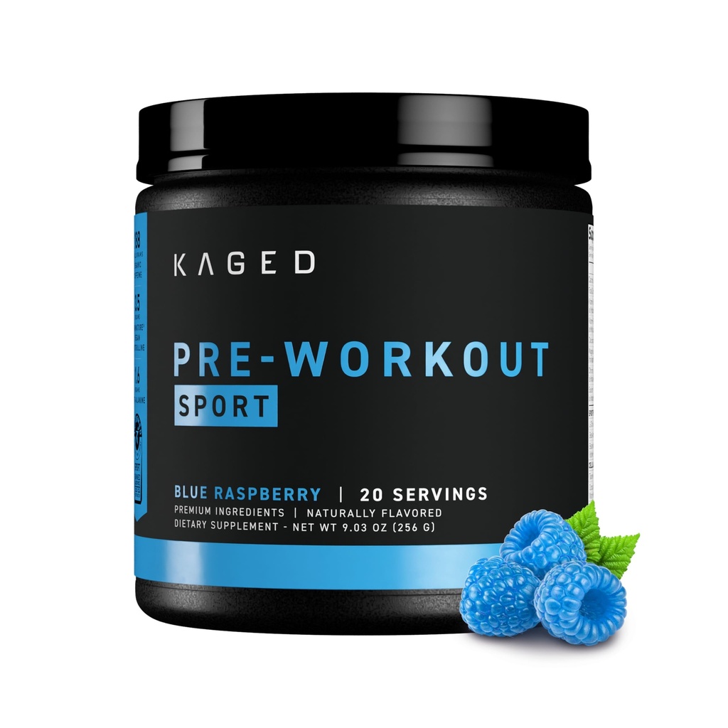 Kaged Sports Pre Workout Pulveris vīriešiem un sievietēm, Blue Razz, Sports Sertificēts, 188mg Kofeīns, Slāpekļskābe Oksīda papildinājums, Beta Alanīns enerģijai, Svarcelšana, Cardio Izturība & Stiprums, 20 Kalpo