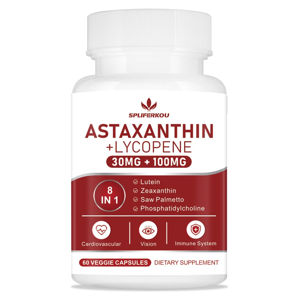 Astaksantīns un likopēns 70 mg, astaksantīna papildinājums ar fosfatidilholīnu, luteīnu un zeaksantīnu, spēcīgiem antioksidantiem ādas, acu un locītavu veselībai (60 kapsulas)