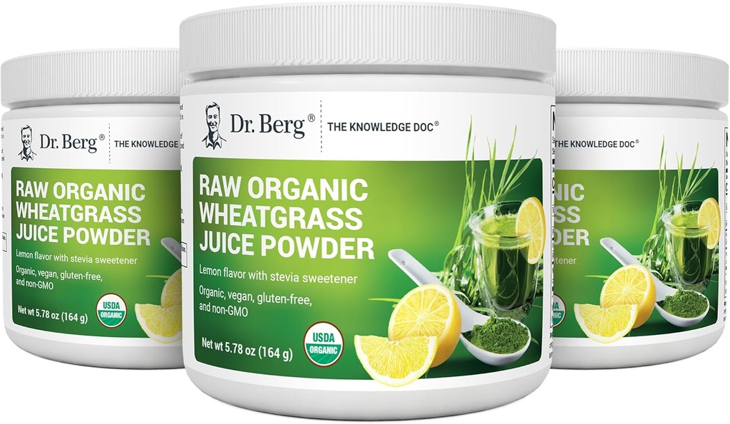 Dr. Berg's Raw Whatgrass Juice Powder (60 Servē) - USDA Sertificēts Organisko kviešuzāļu pulveris w/Chlorophyll, Trace Minerals & Natural Energies - Ultra- Concentrated - Lemon Flavor w/ Stevia 3 Pack