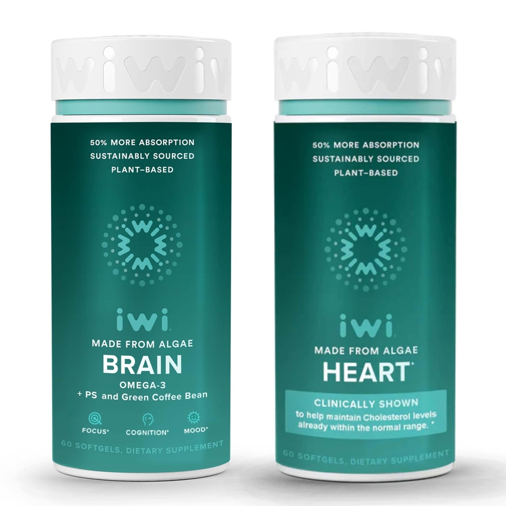 Iwi Life Brain & Heart Omega 3 paka, 30 Kalpojumi, Vegan Plant-Based Algae Omega 3, Krila un zivju eļļa Alternatīva, Nav zivju pēcgarša