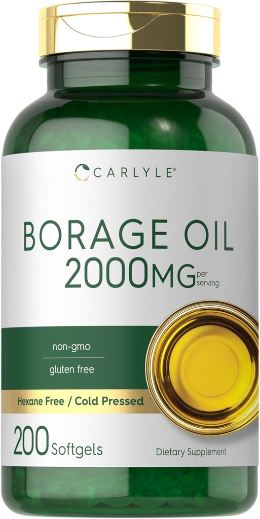 Carlyle Borage Oil Papildinājums - 2000mg - 200 Softgel Kapsulas - 320mg GLA - Cold Pressed & Hexane Free