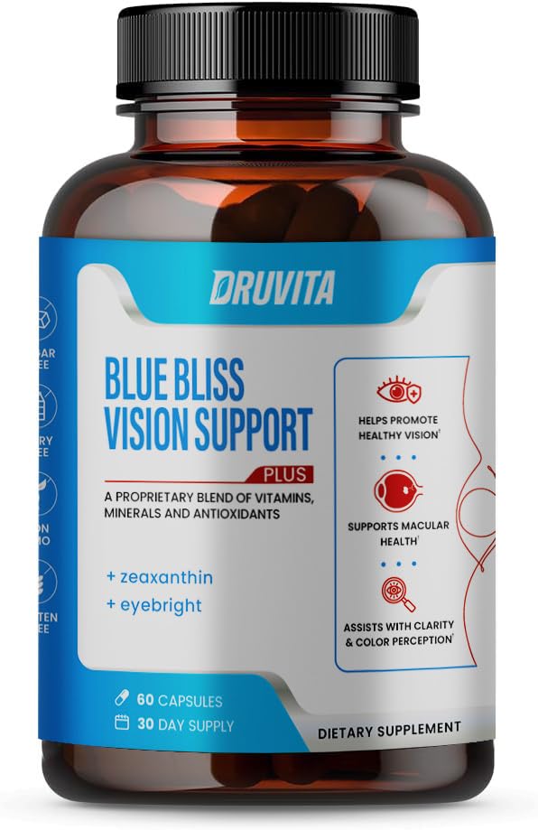Blue Bliss Vision Support - Acu vitamīni ar luteīnu, biotīnu, melleņu un zeaksantīnu - Vitamīna papildinājums redzes veselībai un saglabāšanai pieaugušajiem Senioriem 60 Veggie kapsulas 30 dienu piegādes