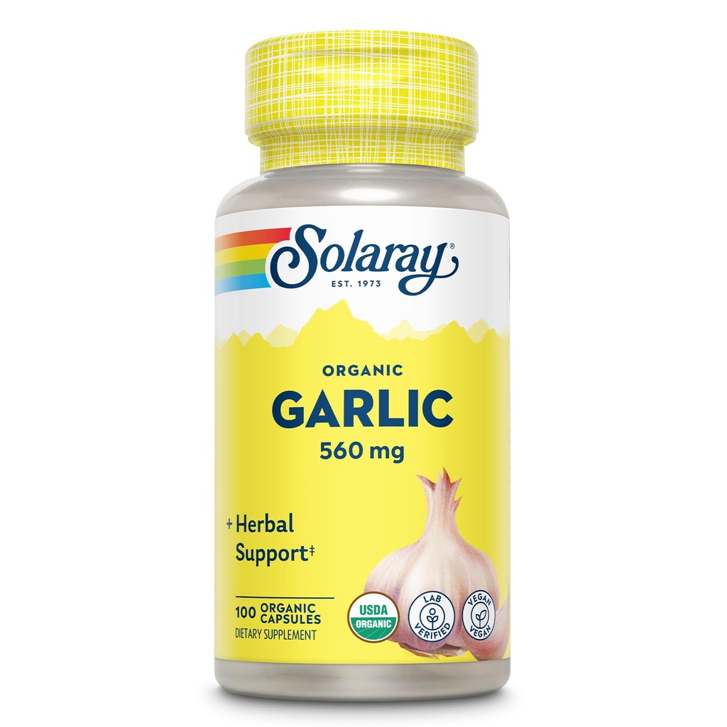 Solaray Organic Ķiploki Tabletes - 560 mg Ķiploki papildinājumi sirds veselības atbalstam - USDA Organic Ķiploki Kapsulas - Vegan - 60 dienu Naudas atmaksas garantija - 100 Servējumi, 100 VegCaps