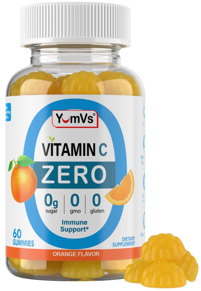 Yum-Vs - Nulle C vitamīna C Gumijas pieaugušajiem un bērniem - 250 mg VIT C Imūnsupport Gummy Vitamīni - bez cukura Košļājamā C vitamīna Gummy Papildinājums - augstas potences Veģetārs C vitamīna Boost (60)