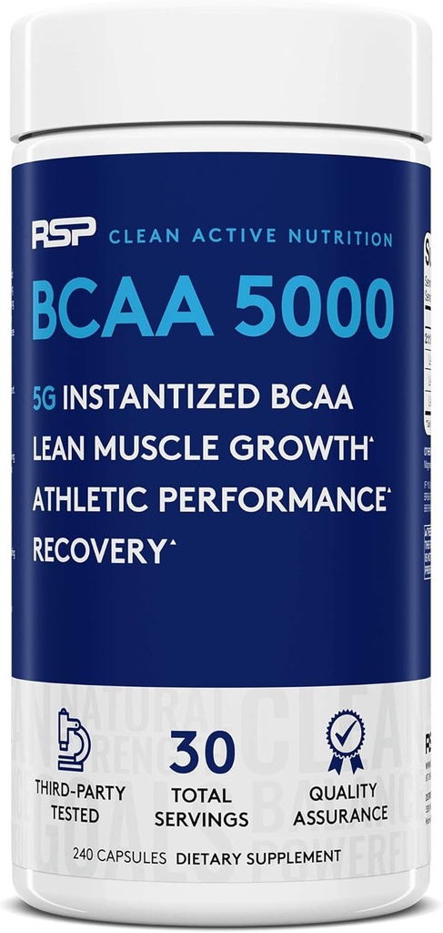 RSP BCAA 5000 (30 Serv), Premium BCAA kapsulas post Workout Muskuļu atgūšana, izturība un enerģija, 5g Essential sazarotas ķēdes aminoskābes Per apkalpo