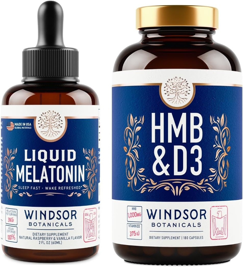 WINDSOR BOTANICALS HMB ar vitamīnu D3 Papildinājums un šķidrums Melatonīns 3mg - Workout un atgūšanas paka