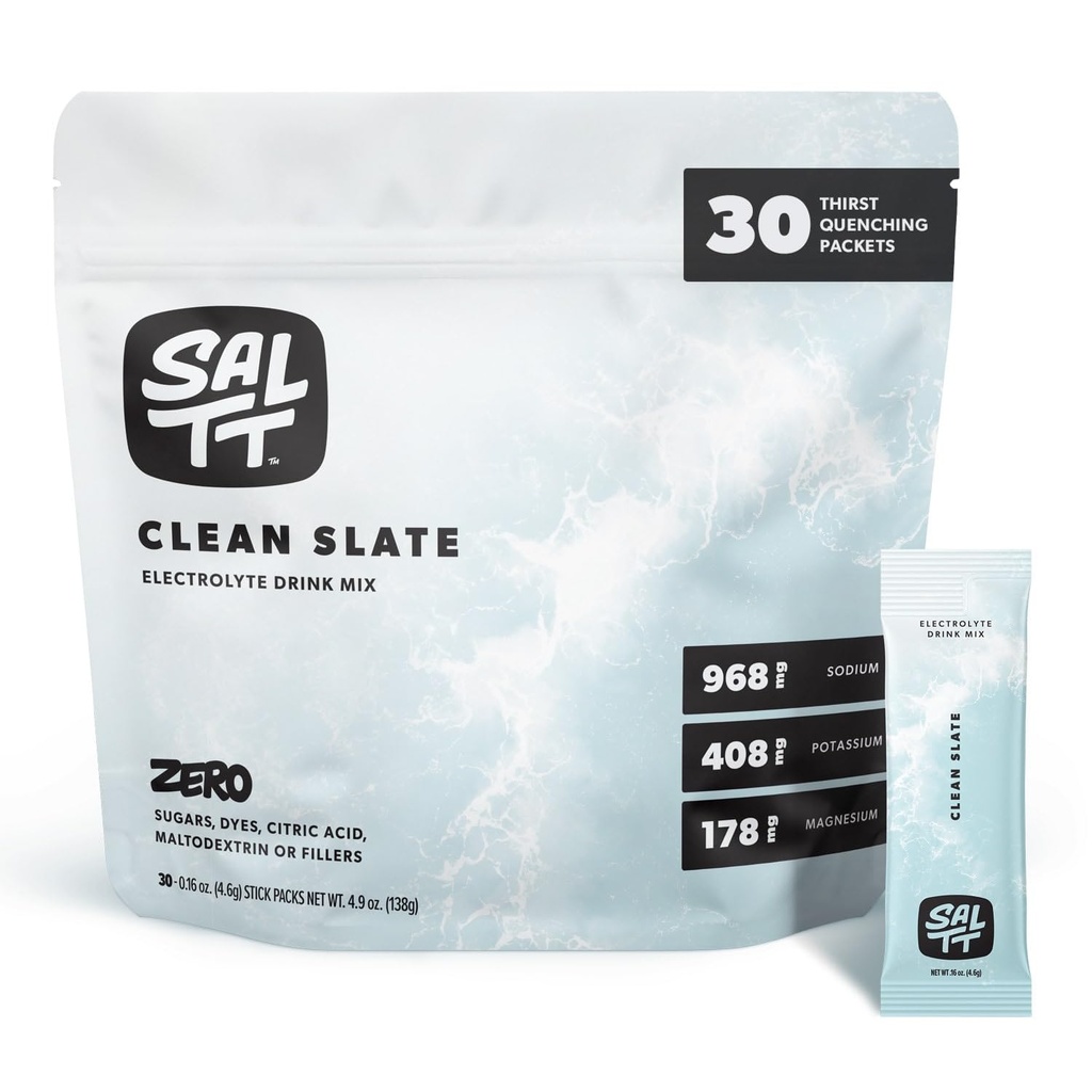 SALTT Elektrolītu pulveris Neuzliesmojošs dzēriens Mix - Clean Slate - 30 Hidratācijas paketes - Magnijs, Kālijs, Nātrijs, Mikroelementi Minerāli - Bez cukura un glutēna - Ceļojumi Essentials