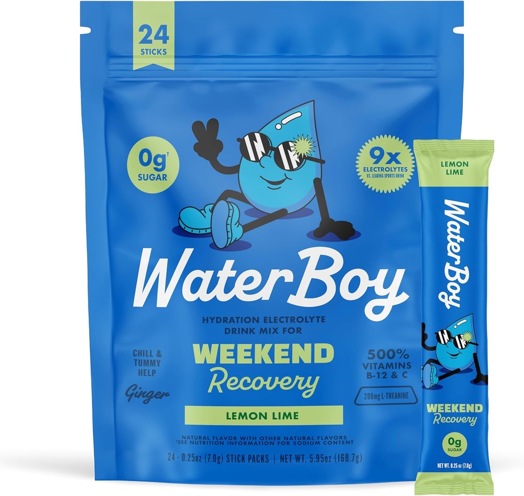 Waterboy Weekend Recovery - 3200mg Elektrolītu pūdera paketes - Ingvers + L-Teanīns + Vitamīni -- Nē Cukura, visu dabas, bez lipekļa - 24 Dzērienu Stick Maisījumi (Lemon Laima)