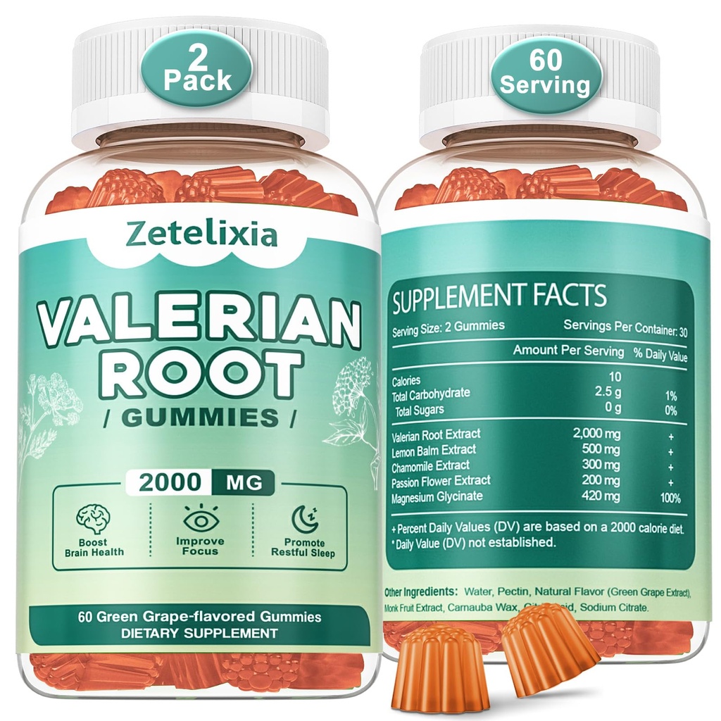 2 Iepakojums Organic Valerian Root Gummies, Dabīgs Calm, lai palīdzētu relaksācija, Augu Papildinājums Mood Support, Melatonīns bez, Non-GMO, Gluten Free, Vegan, Green Vīnogu Flavor, 120 Count