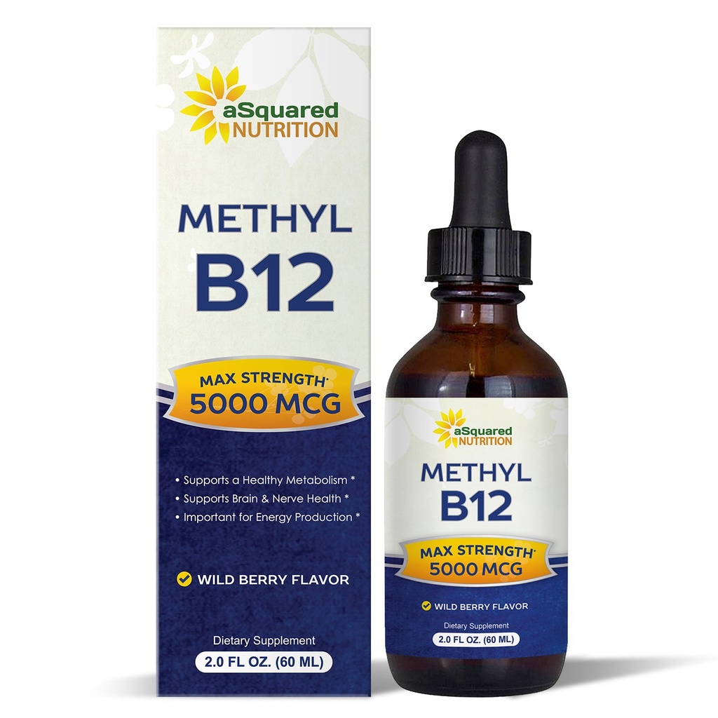 aSquared Nutrition vitamīns B12 Sublingual šķidruma pilieni - 5000 MCG papildinājums ar metilkobalamīnu (metil B-12) - Max Absorbcija B 12 palielināt enerģiju - Vegan Friendly - 2 fl oz