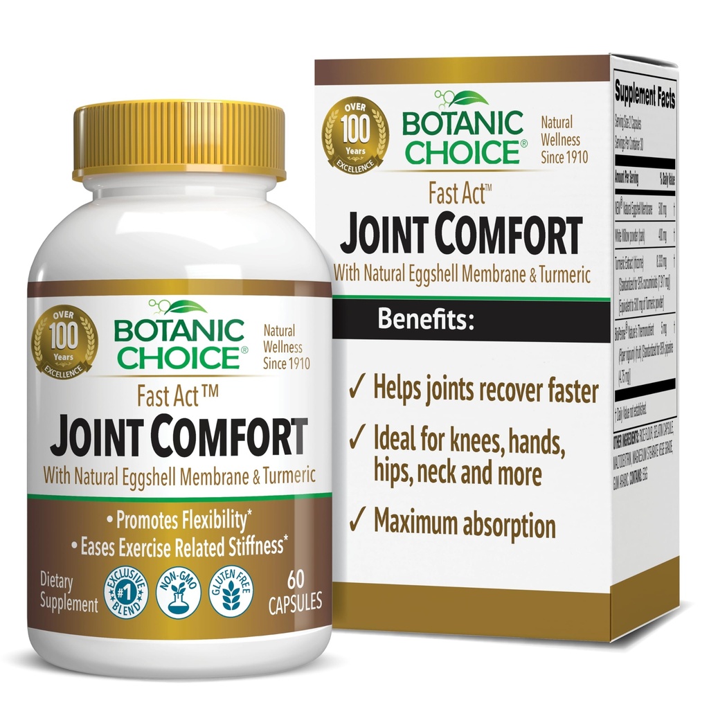 Botāniskā izvēle Ātrās kustības komforts ar NEM Dabisko olu čaumalu Membrane, Turmeric Curcumin, Bioperine, & White Willow Bark, atbalsta locītavu veselību, 60 500 mg kapsulas
