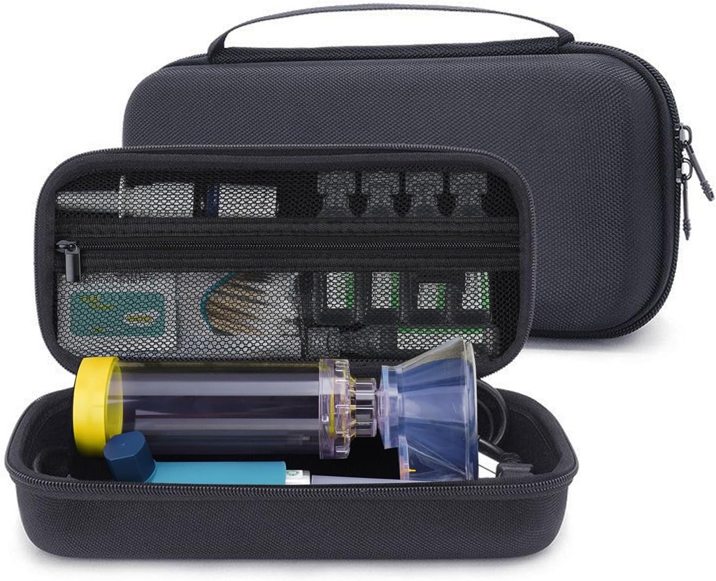 Hard Travel Case for Asthma Inhaler, Spacer bērniem un pieaugušajiem, Maskas, Inhaler īpašnieks Portable Carrying Bag uzglabāšanas organizētājs ar Mesh Pocket medicīnas, Alerģija Meds, Ventolin Inhaler (CASE TIKAI)