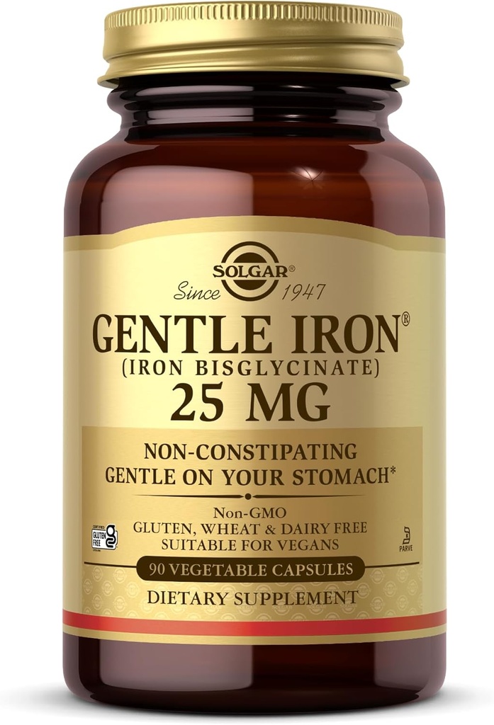 Solgar Gentle Iron (Dzelzs bisglicināts) 25 mg - 90 Dārzeņu kapsulas - Nepiesātinošas, Maigas uz jūsu kuņģī - Nav lipekļa - 90 Kalpo