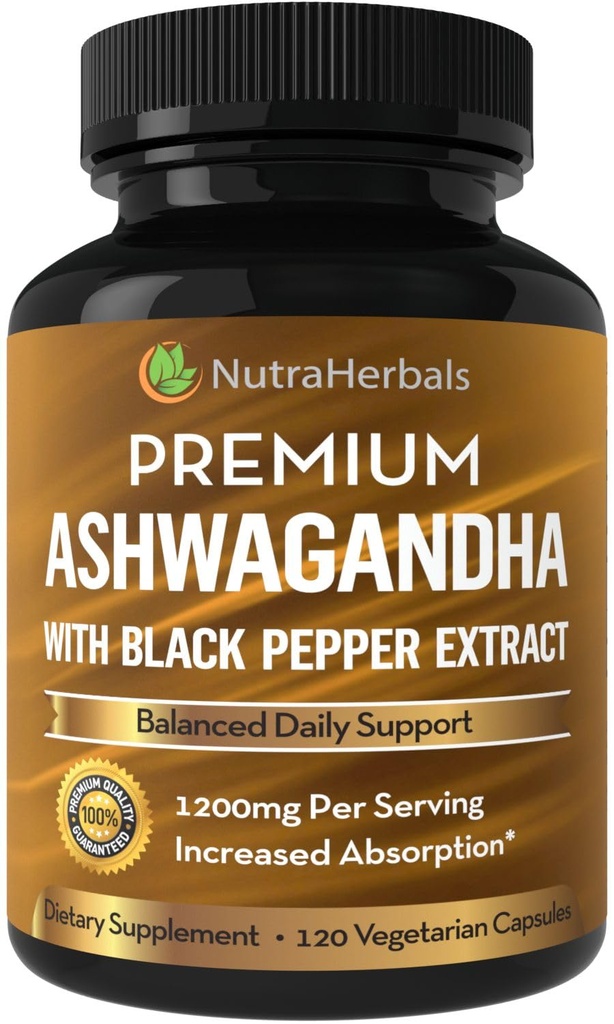 Ashwagandha papildinājums izgatavots ar Premium Ashwaganda Saknes pulveris 1200mg ar melno piparu ekstraktu palielinātai absorbcijai - 120 Vegi kapsulas