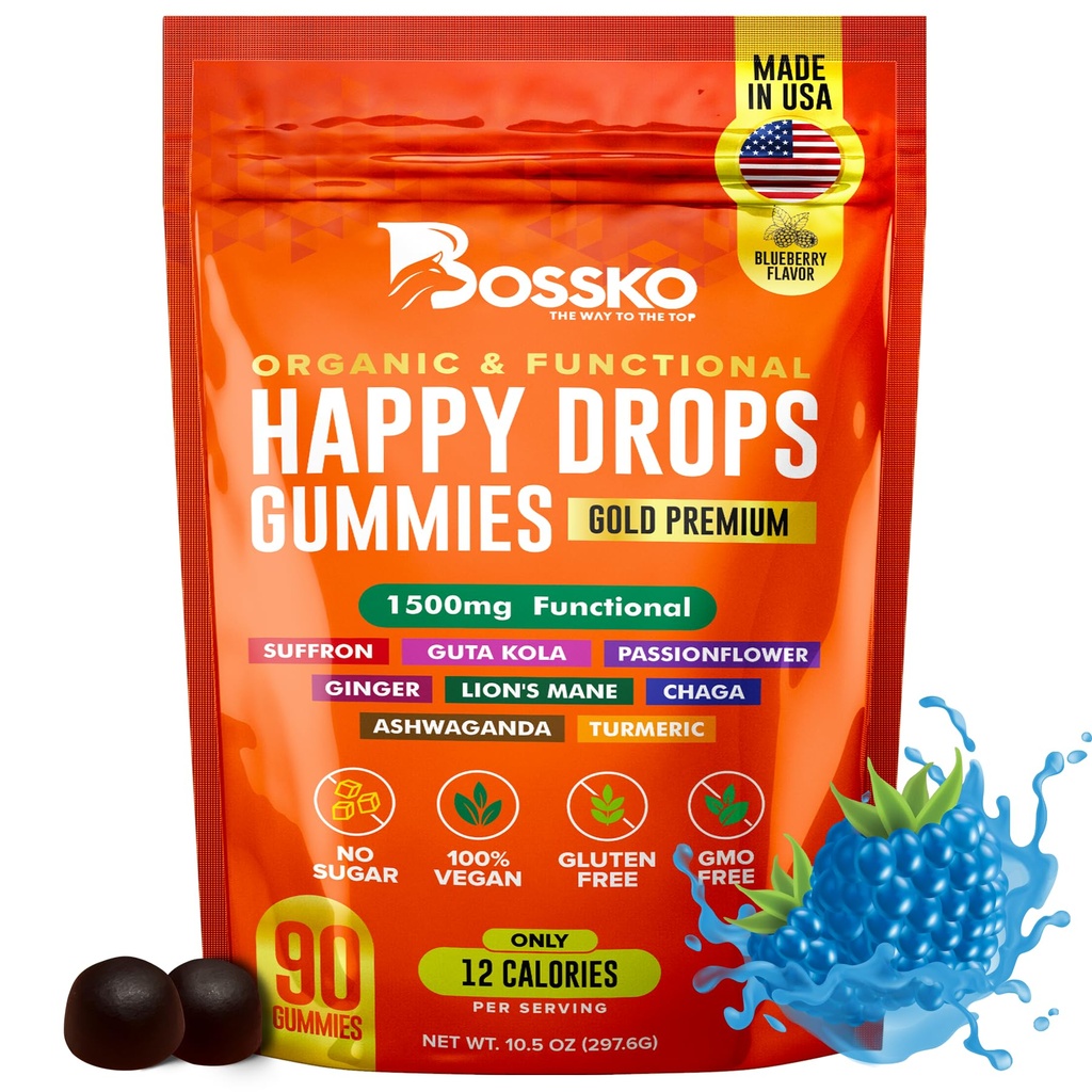 Happy Drops – Ikdienas Superfood Gummies Mood Support, Focus un Enerģija – Bezcukura, Vegan, Melleņu Flavor – 90 Gummies pieaugušajiem – Dienas Atbalsts Mood, Focus un Dabas Enerģija
