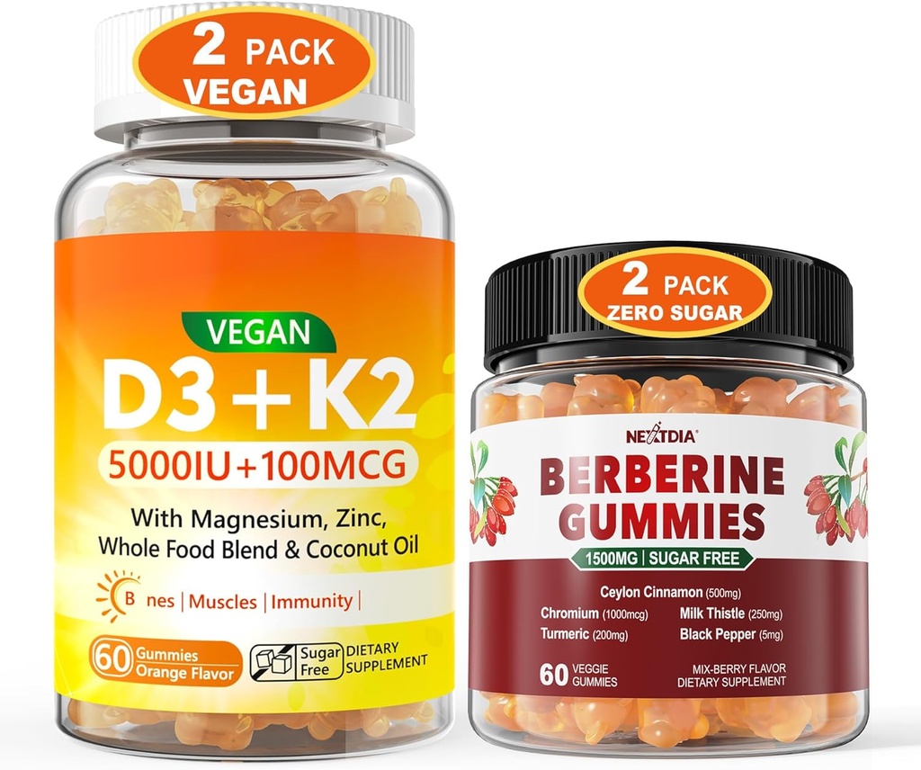 2Pack Vegan vitamīns D3 5000IU K2 Gumijas+ 2Pack Berberine Papildinājums 1500mg Gumijas