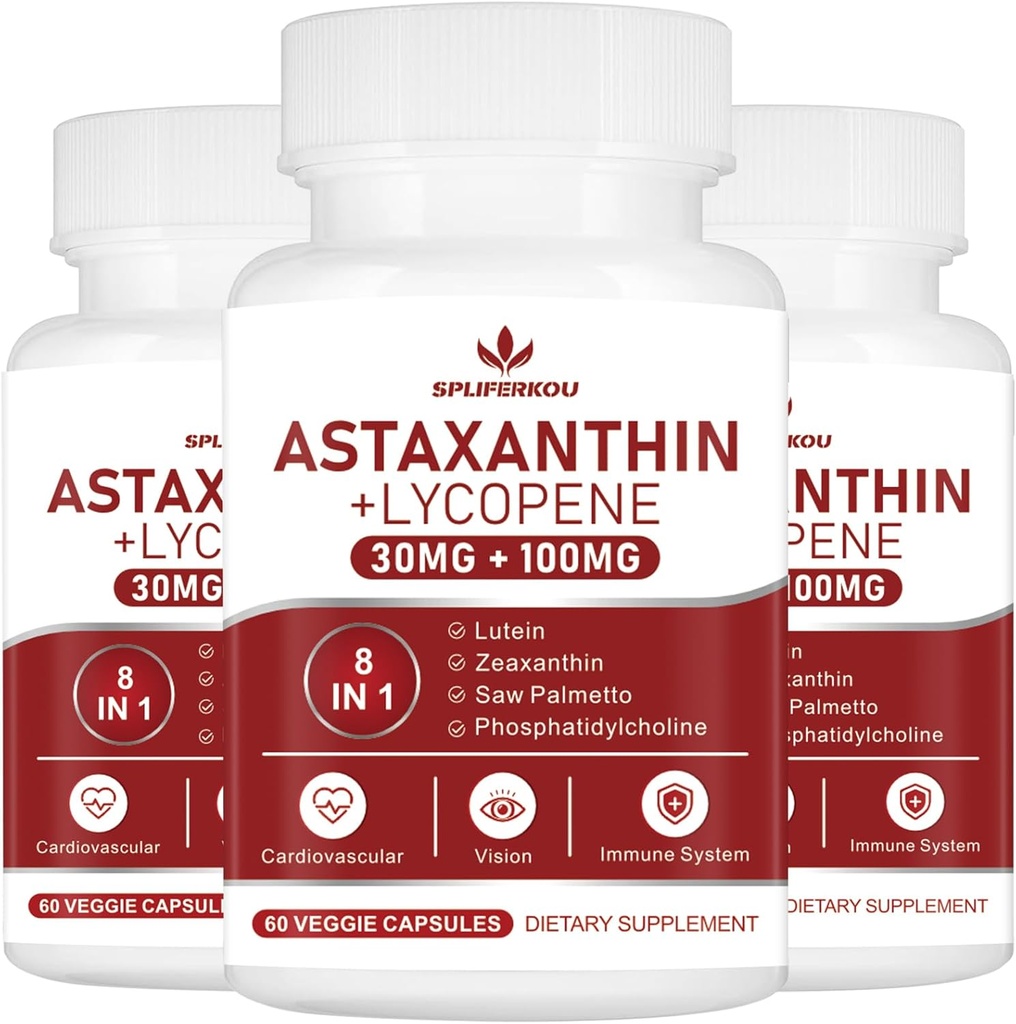 Astaksantīns un likopēns 70 mg, astaksantīna papildinājums ar fosfatidilholīnu, luteīnu un Zeaksantīnu, spēcīgiem antioksidantiem (180 kapsulas)