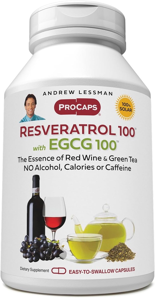 ANDREW LESSMAN Resveratrol- 100 EGCG 100mg - 360 Kapsulas - Divi dabiski sastopami antioksidanti bez alkohola vai kofeīna.