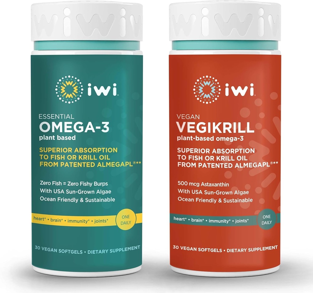 Iwi Omega 3 Essential & Vegikrill Omega 3 Bandle, 30 Servējumi, Vegan Plant-Based Algae Omega 3, Krila un zivju eļļa Alternatīva, Nav zivju pēcgarša