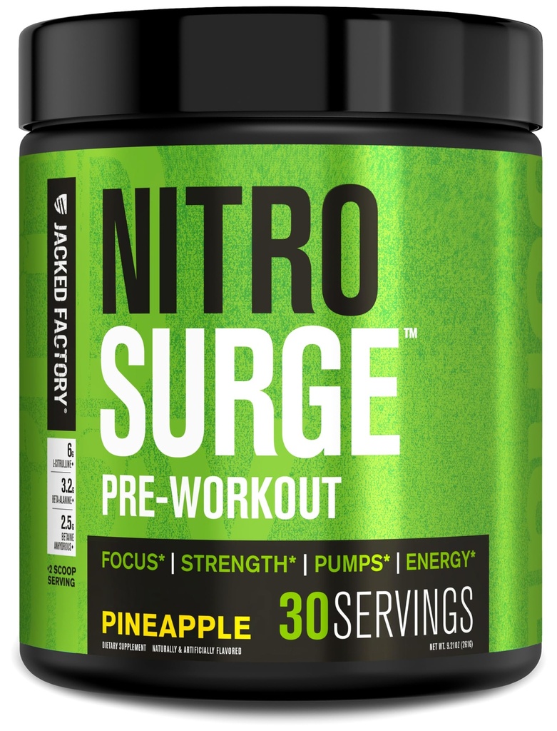 Jacked Factory NITROSURGE Pre Workout Papildinājums - Bezgalīga enerģija, Tūlītējs spēks Gains, Clear Focus, Intensīvi sūkņi - NO Booster & Powerful Preworkout Enerģijas pulveris - 30 Kalpo, Ananass