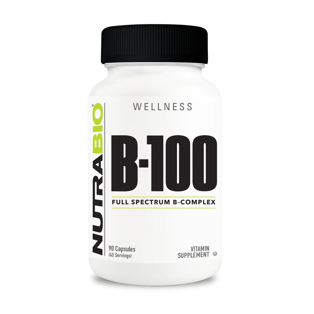 NutraBio B-100, B vitamīnu komplekss, imūnās sistēmas atbalsts, veselīgi mati, āda, naglas, 90 augu kapsulas