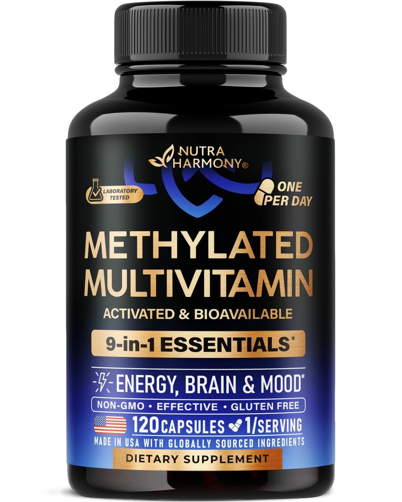 Metilēti multivitamīni - B2, B6, 5-MTHF & B12,          - C un E antioksidanti - D3 vitamīns & K2 - vīriešiem un sievietēm - 9-in-1 MTHFR Papildinājums ar TMG - Enerģija, smadzenes un koks - Vegan - Ražots ASV - 120 Kapsulas
