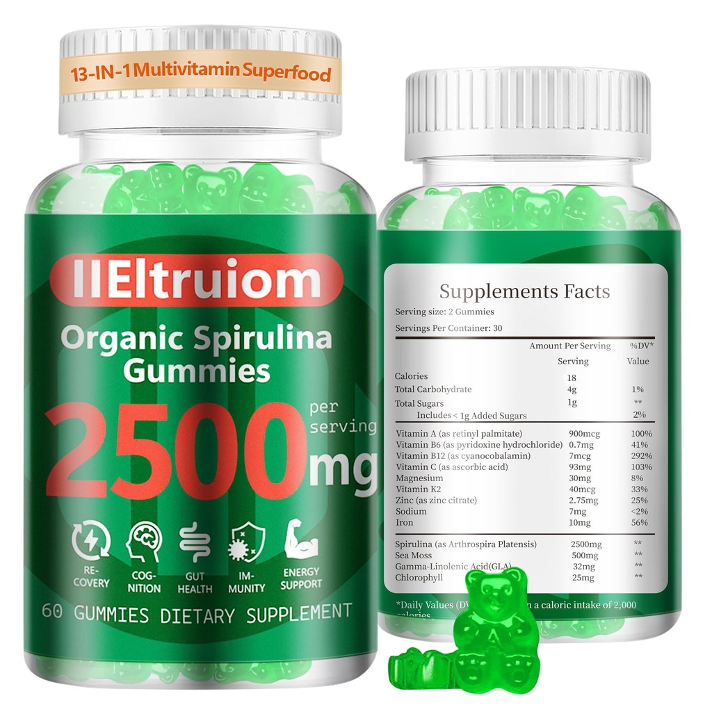Organic Blue Spirulina Chlorella Gumies, 13-in-1 Super Greens & Superfoods, Spirulina 2500mg Uzlabota Dienas enerģija ar jūras mosu, Hlorofilu, GLA, Gluten Free, 60 Vegan Gummes