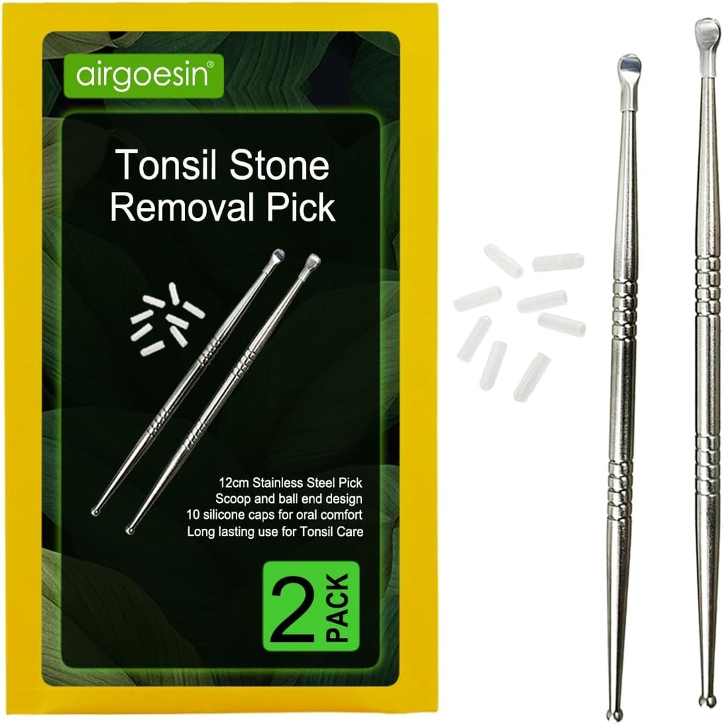 Airgoesin 2pcs Tonsil akmens noņemšanas Pick Tonsillolith Premium rīks Nerūsējošā tērauda mutes tīrītājs ar 10 Soft silikona vāciņiem