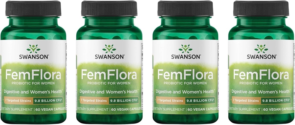 Swanson FemFlora - Feminine Probiotic Papildinājums Flora of The Mouth, GI Tract, un Vagina - Probiotikas sievietēm ar 9 miljardiem KVV Per Kapsulas - (60 kapsulas) (4 iepakojumi)