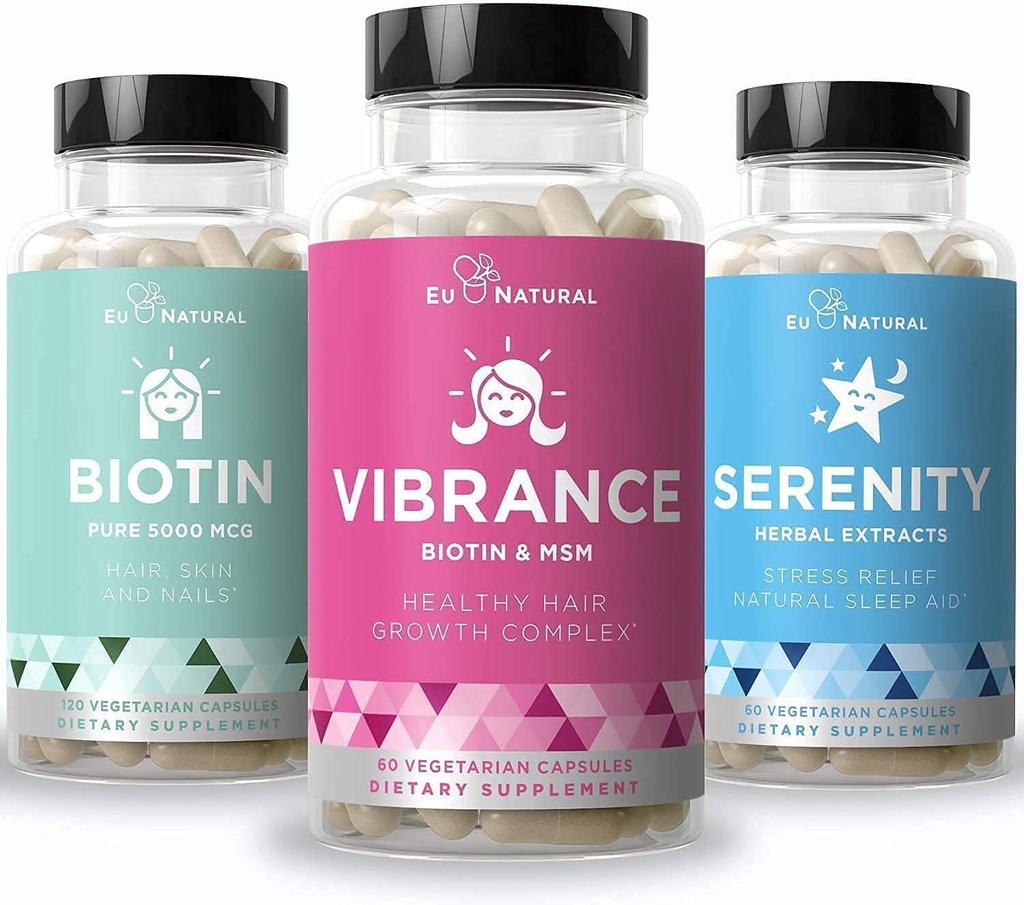 Eu Natural Beauty Bandle - Vibrance Bandle ar Biotin & Serenity veselīgai matu augšanai, Spēcīgākas nagus, Glowing ādu