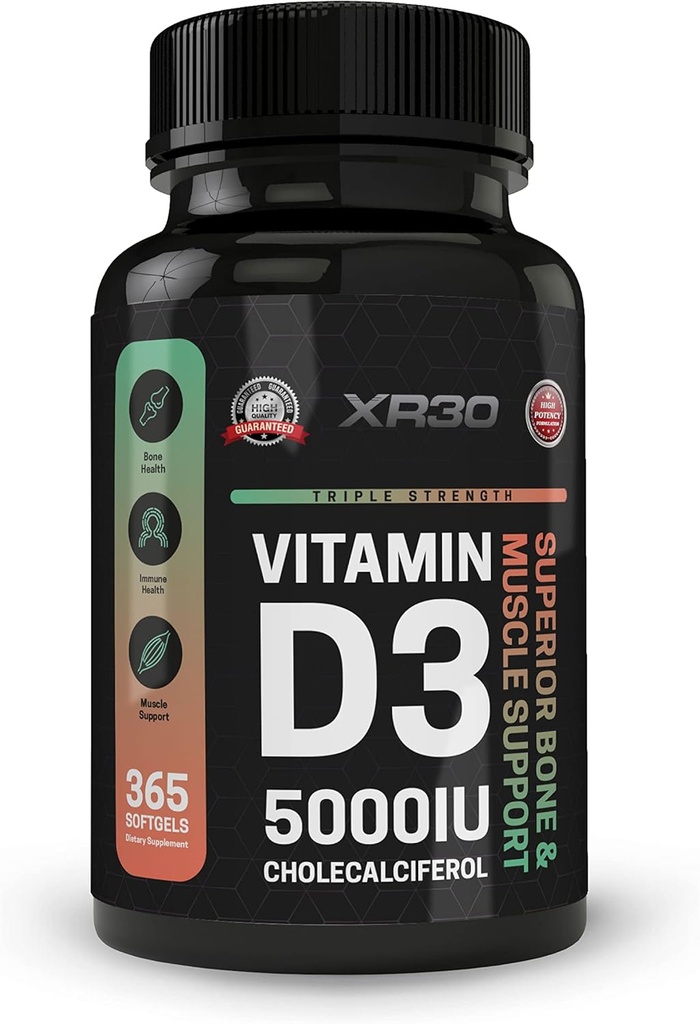 Vitamīns D3 5000IU Holekalciferols - Superior Kaulu un muskuļu atbalsts - 365 Softgels - ražots ASV