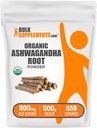 BulkSupplements.com Organic Ashwagandha Powder - Organic Ashwagandha Piederumi, Sourced from Ashwagandha Root - Gluten Free, 2g per Serving, 500g (1,1 lbs) (1. iepakojums)