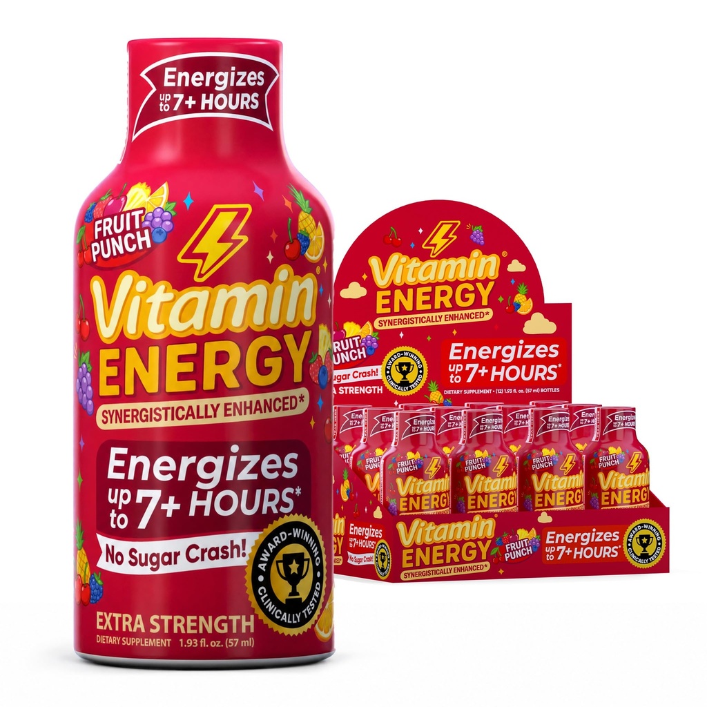 Vitamīna enerģija Imūnās+ Extra Strength Enerģijas Shot Fruit Punch 12 Iepakojums, 260mg Dabīgais kofeīns, B-Vitamīnu, Citicoline, Zaļā tēja, Imunity & Focus atbalsts, Nulle Cukurs, bez lipekļa 1.93 fl oz