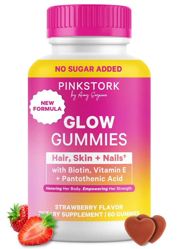 Pink Stork Kopējais Glow Gummies sievietēm – Mati, āda un nagus Vitamīns ar biotīnu, vitamīns A, B6, B12, Folāts, Cinka & More – Atbalsts radiantai ādai, Strong Nails, un veselīgi mati – 60 Berry Gummies