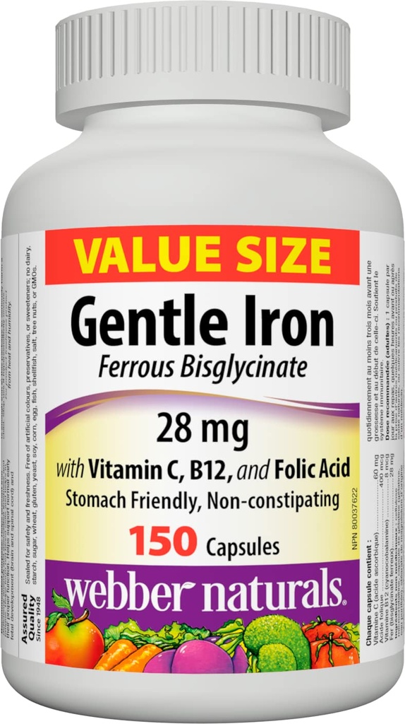 Webber Naturals Maigs dzelzs papildinājums ar C vitamīnu, B12 un folijskābi, 28 mg, 150 kapsulas, kuņģis-draudzīgs, bezturības, palīdz novērst dzelzs deficītu anēmija