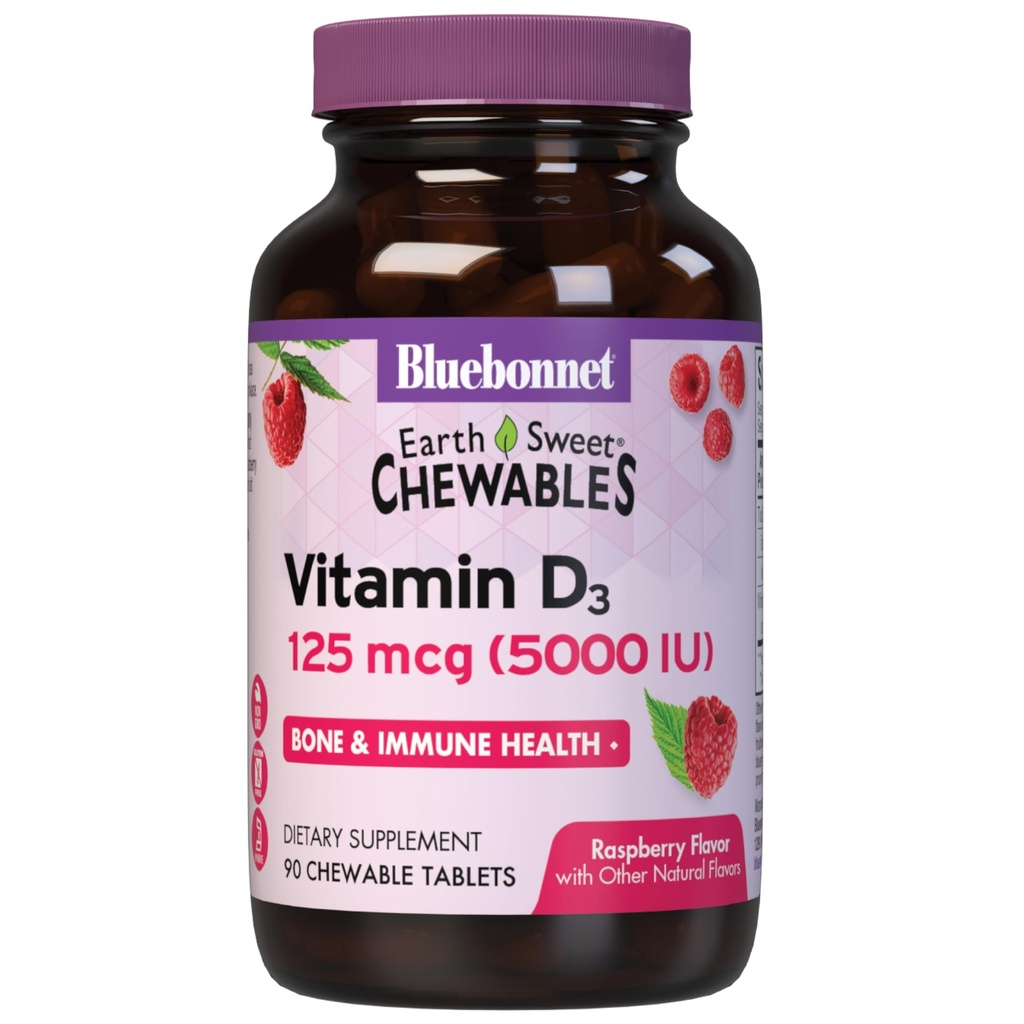 Bluebonnet Uzturs Zemes saldais vitamīns D3 5000 SV Košļājamās tabletes, AIDS muskuļu un skeleta augšanu, ne ĢMO, lipeklis, sojas un piena bez, Košera, aveņu, White, 90 skaitīšanas