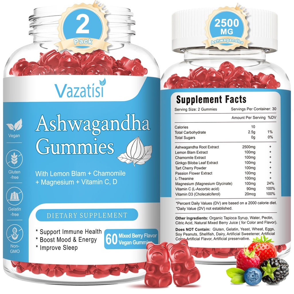 2 Pack Ashwagandha Gummies sievietēm vīriešiem, bez cukura Organic Ashwagandha Gummies Papildinājums atpūtai Balanss, Vegan Gluten Free, 120 Count