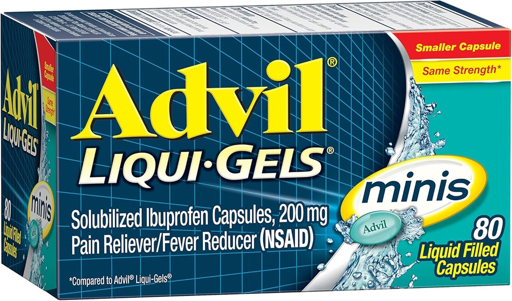 Advil Liqui-Gels minis sāpes reliver un drudzis Reduktors, sāpes Medicīna pieaugušajiem ar Ibuprofēnu 200 mg sāpju mazināšanai - 80 šķidrās pildītās kapsulas