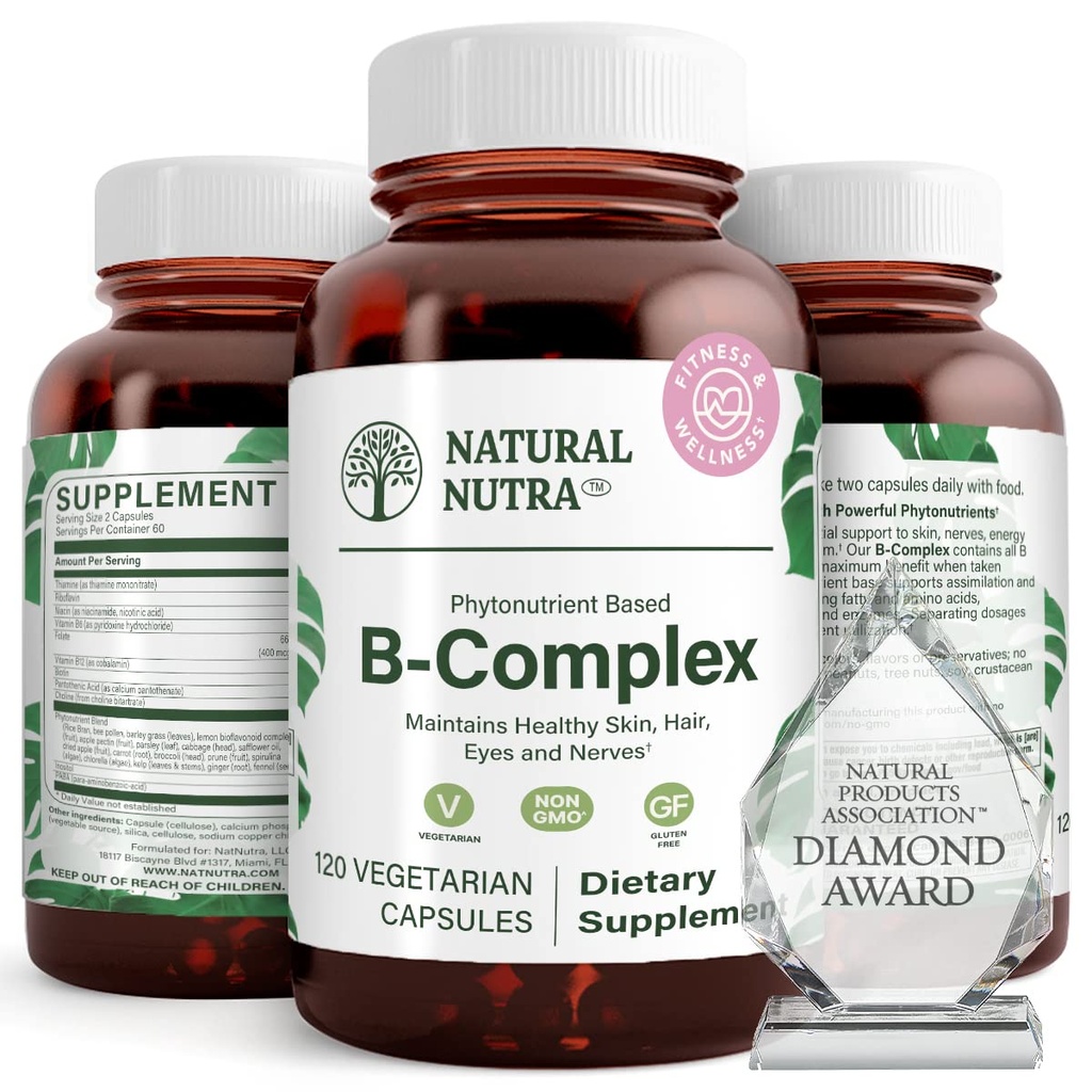 Dabas Nutra B vitamīnu komplekss ar Niacin, Folāts, Thiamin, Biotin, atbalsta nervu sistēmas veselību, veicina vielmaiņas, ādas, acu un matu veselību, Viss pārtikas papildinājums, 120 Veģetārietis kapsulas