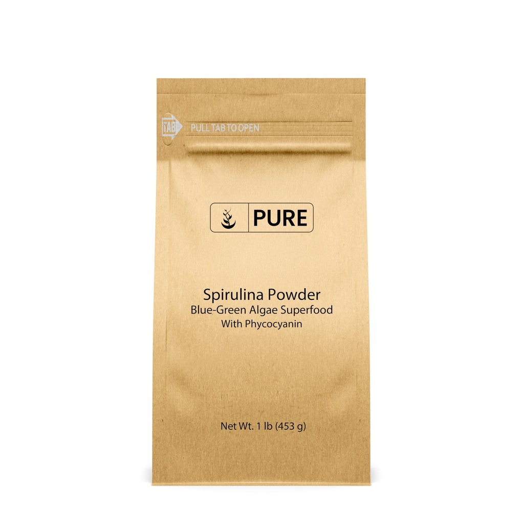 PURA ORIĢINĀLU SASTĀVDAĻU Spirulīna pulveris (1 lb) Zaļais aļģes Superpārtika ar fitocianīnu