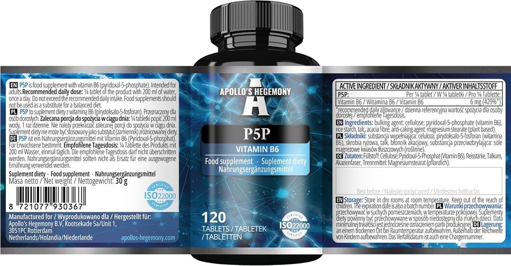 Piridoksāls-5-fosfāts (P-5-P) 50 mg katrā tabletē - 120 Vegan tabletes - Apgādā 480 Servējumiem - Atbalsta nervu un psiholoģiskās funkcijas - Vitamin B6 Diēta papildinājums - ar Apollo hegemoniju