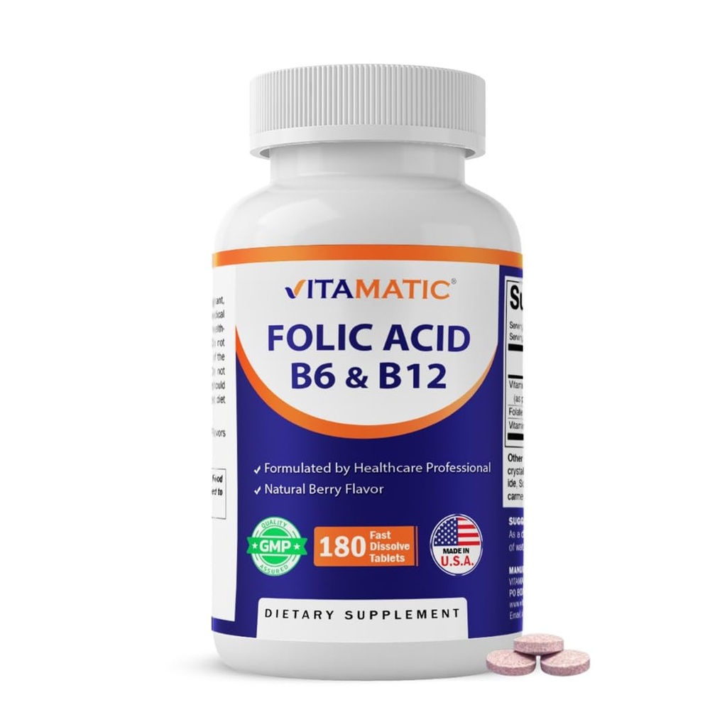 Vitamatiskā Folijskābe, vitamīns B12 & B6 – 180 Ātri izšķīdina tabletes Sirds veselība, enerģijas ražošana un sarkano asins šūnu atbalsts